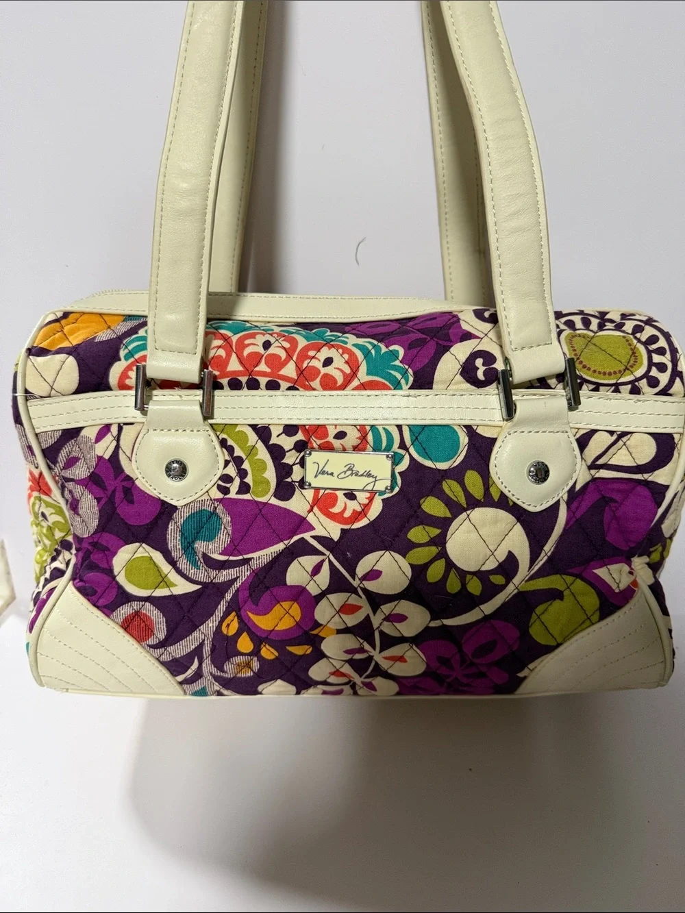 Vera Bradley Purple Crazy Floral Satchel with Cream Trim